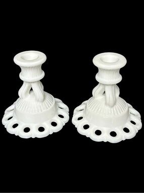 Vintage MCM Westmoreland Milk Glass Candlestick Set Doric Pattern Circa 1940s